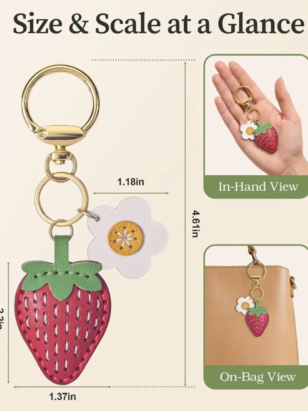 Handmade Double-Sided Strawberry Bag Charm | Top-Grain Leather Purse Accessory
